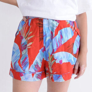 Farm Rio Red & Blue Floral Palm Tree 55% Linen Pull On High  Waisted Shorts S